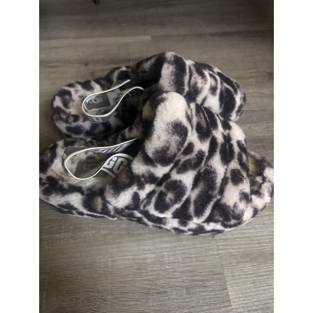UGG Fluff Yeah Slide Women’s 7 Gray Animal Print Faux Fur Lined Slippers